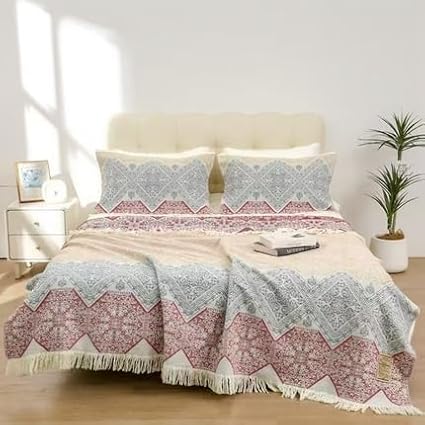 Boho Muslin Blanket for Adults 4-Layer Gauze Twin Size Soft Cozy 100% Cotton Summer Cooling Blanket Floral Decor for Sofa Bed Coverlet Both Sides (Tassels Boho, Twin 60 x 80 in)