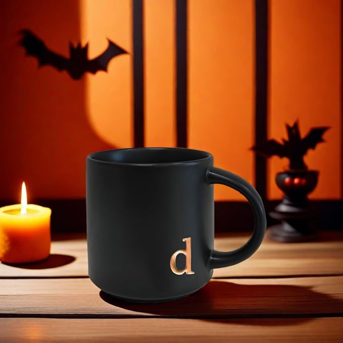 COLLECTIVE HOME - Black Monogram Ceramic Mugs, 15 oz Golden Initial Coffee Cups, Elegant Alphabet Tea Mugs, Personalized Halloween Mug with Gift Box, Perfect for Office and Home Décor (d)