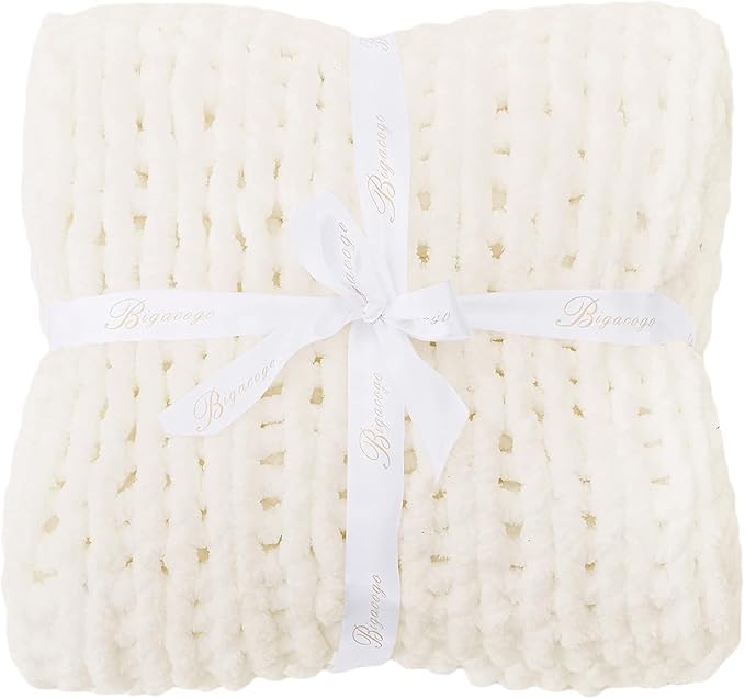 Bigacogo Chunky Knit Throw Blanket for Couch, 60x80 inches, 100% Hand Knitted with Thick Jumbo Chenille Yarn, Cozy Soft Large Rope Knot Cable Crochet Blankets for Sofa Bed Living Room, Ivory