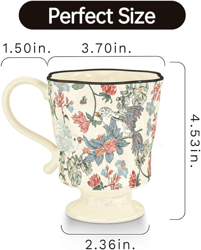 360ml -12.17oz Painted Floral & Bird Ceramic Mug - Cute Coffee Cup for Latte, Espresso - Gift for Women, Dishwasher Safe