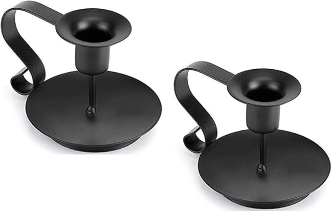 Black Metal Taper Candle Holders Set of 2, Vintage Chamberstick Candle Holder with Handle for Taper Candles, Farmhouse Rustic Candle Holders for Table Decor, Halloween Christmas Decoration