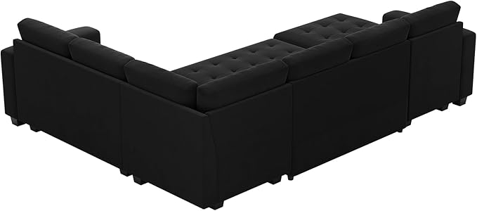 Belffin Modular Sectional Sleeper Sofa with Pull Out Bed U Shaped Sectional Sofa Couch with Storage Ottoman Velvet Covertible 7-Seater Sofa for Living Room Black