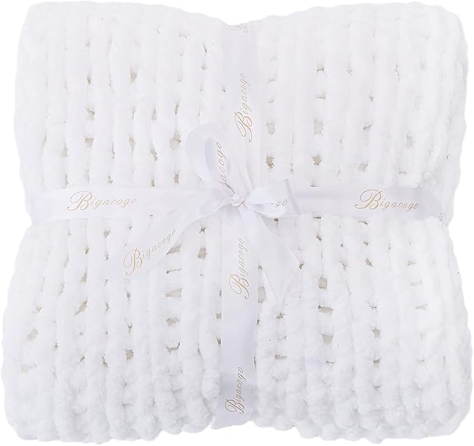 Bigacogo Chunky Knit Throw Blanket for Couch, 40x80 inches, 100% Hand Knitted with Thick Jumbo Chenille Yarn, Cozy Soft Large Rope Knot Cable Crochet Blankets for Sofa Bed Living Room, White