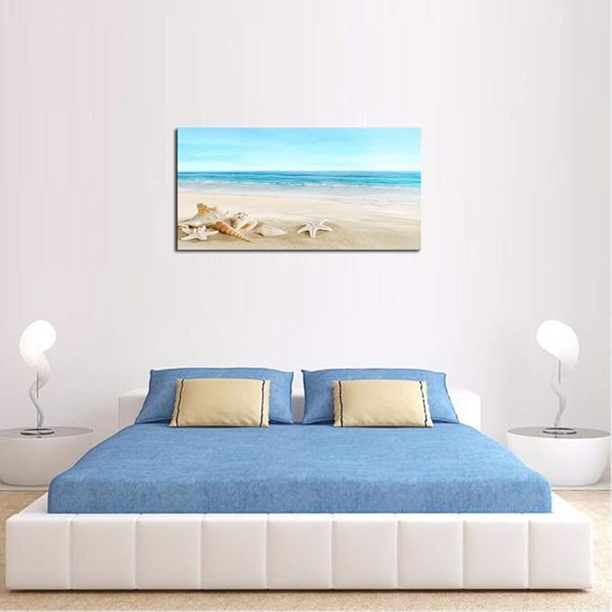 DZL Art S73975 Beach Picture Decor Ocean Painting Canvas Wall Art Prints of Starfish and Seashell on Sandy Seaside Ready to Hang for Living Room Bedroom Office Wall Decor Home Decoration