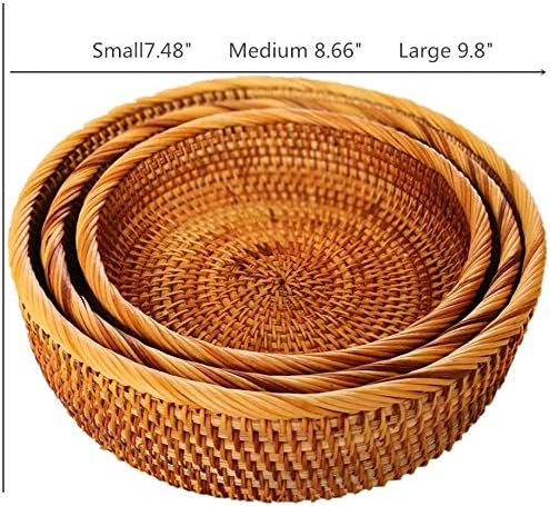 3 Pack Hadewoven Round Rattan Fruit Basket Wicker Food Tray Weaving Storage Holder Dinning Room Bowl, 10 Inch Small Wicker Basket Serving Tray Woven Basket for Bread,Snack,Brown(3-Size Kit)