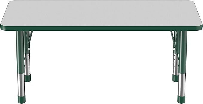 FDP Rectangle Activity School and Kids Classroom Table (24 x 48 inch), Toddler Legs, Adjustable Height 15-24 inches - Gray Top and Green Edge