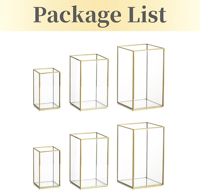 Glass Hurricane Candle Holder Large - Hewory 6pcs Gold Rectangle Flower Holders Centerpiece for Table, Tall Floor Square Pillar Candle Lantern for Wedding, Anniversary, Party, Fireplace, Dining Room