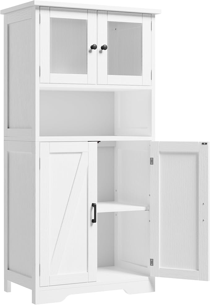 GarveeHome 54in Tall Bathroom Cabinet, Farmhouse Storage Cabinet with Glass Doors and Adjustable Shelves, Freestanding Kitchen Pantry Cabinets, Cupboard for Living Room, Dining Room, White