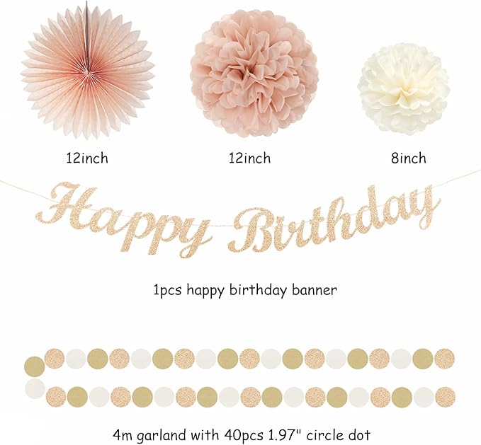 Champagne Rose-Gold Beige Birthday Party-Decorations - 14pcs Happy Banner Boho Lanterns Tissue Pom Poms,Rustic Streamers Garland Fans,Neutral One Sweet Peach Girls Women Hanging Supplies Decor Hugfond
