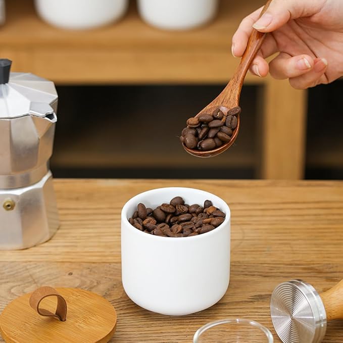 Ceramic Storage Jars, Modern Elegant Polished Airtight Gorgeous Storage Canisters with Wooden Lid Small Food Stroage Jar for Kitchen Spice Tea Vanilla Sugar Coffee Beans (3Pcs Suit White)