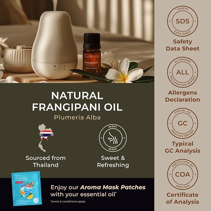 Gya Labs Frangipani Essential Oil for Diffuser - 0.34 Fl Oz - 100% Pure Natural Frangipani Oil for Skin, Face, Aromatherapy & Candle Making Scent