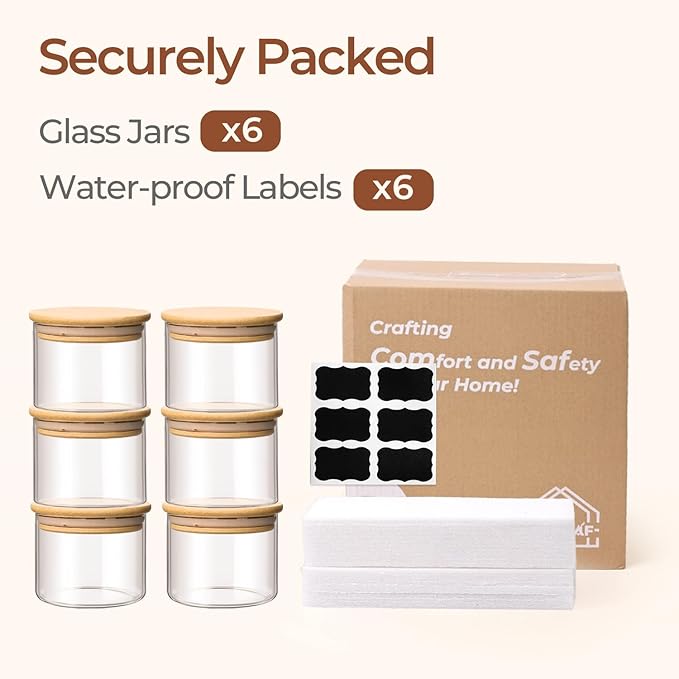 ComSaf 0.5 Qt Glass Food Storage Jars Set of 6, Clear Glass Storage Containers with Lids, Pantry Organization Jar, Spice, Blooming Tea, Coffee, Cookie and Sugar Container, Small jar Set for Kitchen