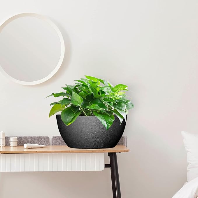 10 inch Hanging Planters for Outdoor Indoor Plants with Drainage Holes and Chain, 2 Pack Round Hanging Flower Pots for Garden Home Porch Decor, Black