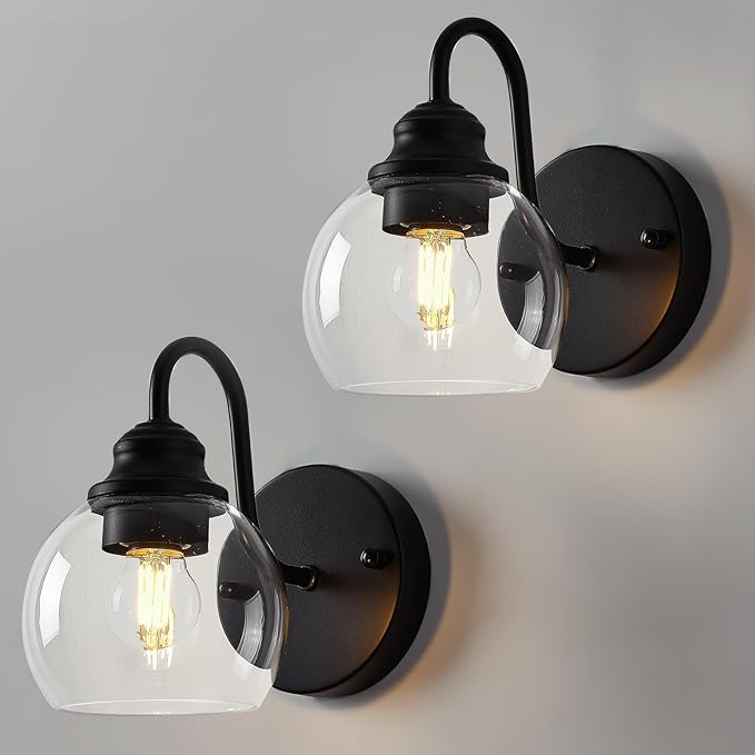 Farmhouse Gooseneck Wall Sconces Set of Two, Bathroom Vintage Black Vanity Light, Rustic Indoor Wall Light Fixtures with Clear Glass for Bathroom Beside Mirror Living Room Hallway