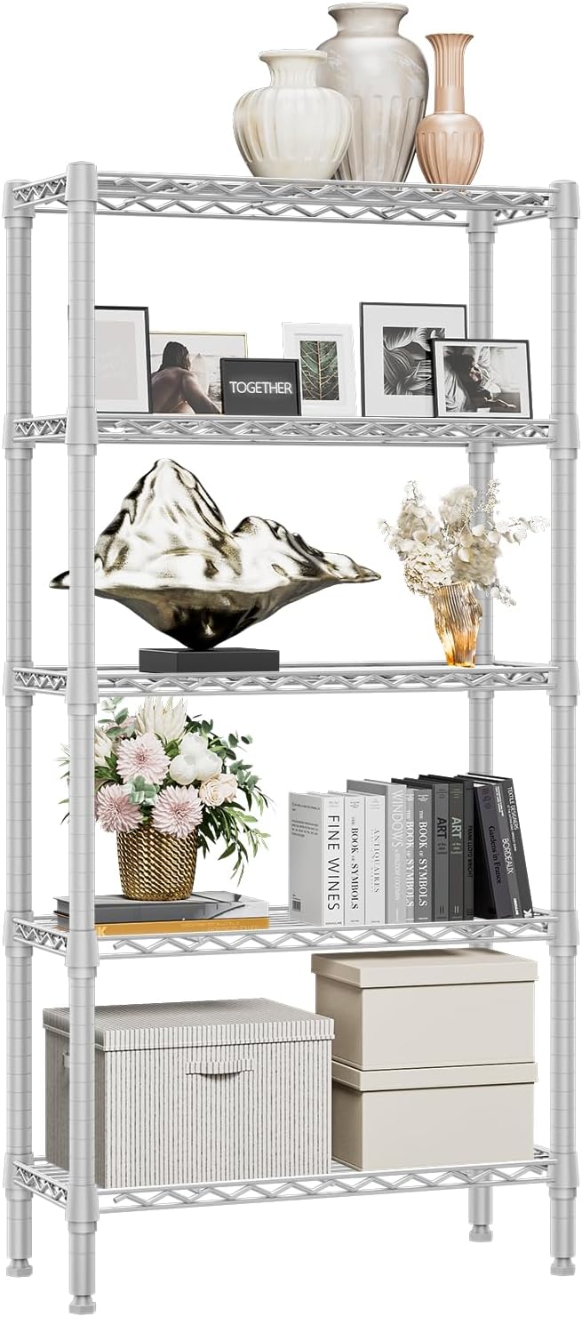 1250 lbs 5 Tier Shelf Metal Storage Shelves Wire Rack Closet Organizers for Garage Kitchen Bathroom Laundry White 11.8" D x 29.5" W x 59.5" H