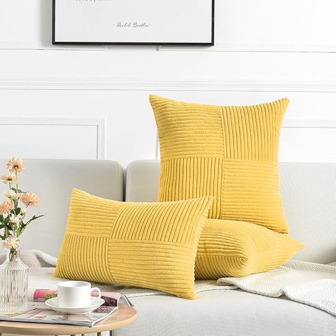Fancy Homi 2 Packs Yellow Long Lumbar Decorative Throw Pillow Covers 12x24 Inch for Couch Bed Sofa, Rustic Farmhouse Boho Home Decor, Soft Striped Corduroy Rectangle Accent Cushion Case 30x60 cm