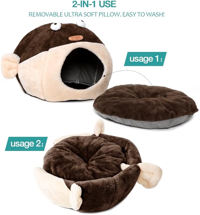 Cat Beds for Indoor Cats - Cat Bed Cave with Removable Washable Cushioned Pillow, Soft Plush Premium Cotton No Deformation Pet Bed, Lively Pufferfish Cat House Design, Brown, Multiple Sizes(L)