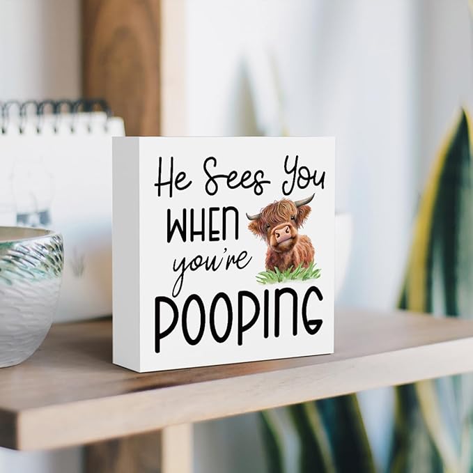 Funny Highland Cow Bathroom Decor Are You Pooping Sign Highland Cow Gifts for Women Highland Cow Nursery Decor, Wooden Box Decor Sign for Home Farmhouse Office Living Room Table Shelf Tiered