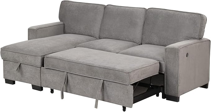 EBELLO Convertible Sleeper Sofa 3 in 1, Chenille Modern L-Shaped Couches for Living Room, Pull Out Sectional Futon Sofa Bed with Storage Space, USB Ports and Cup Holders for Bedroom, Grey