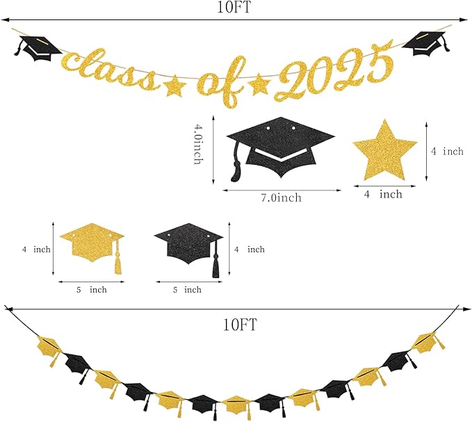 Black Gold Party-Decoration Graduation Banner - 14pcs Kits Cap Garland Streamers, Paper Tissue Pom Poms Flowers Fans Honeycomb,Class Of 2025 College High School Grad Decor Hugfond