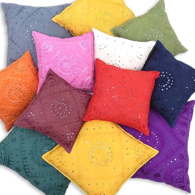 Eyes of India Embroidered Decorative Boho Throw Pillow Cover with Mirrors, Handmade Bohemian Accent Cushion Case for Sofa Couch Bedroom Living Room (Black, 16" x 16")