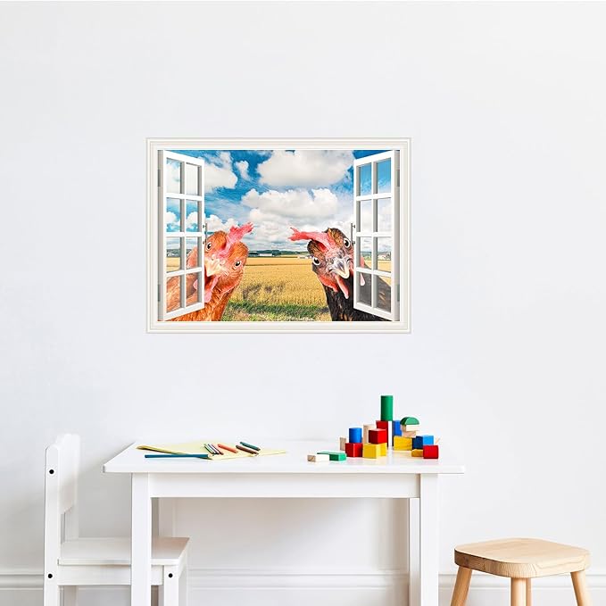 Funny Chicken Wall Stickers Peel and Stick - 2 Hens Head Looking Inside from Window - Cute Chicken Wall Decals Removable - Chicken Lover Gifts Wall Decor for Bedroom Farmhouse Kitchen Dorm