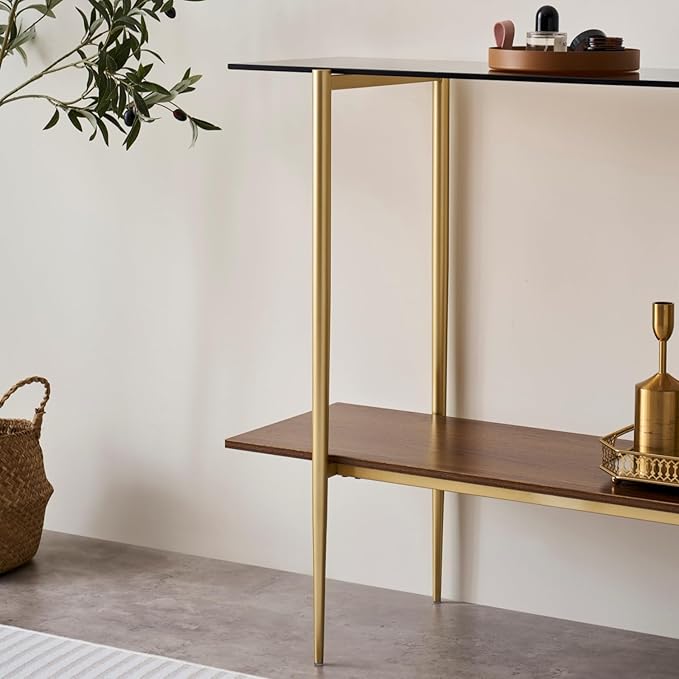 Glass Console Table for Living Room, Foyer & Entrance, 2-Tiers Mid-Century Modern Sofa Table with Amber Glass Top, Walnut Finish Wood Shelf and Gold Finish Frame