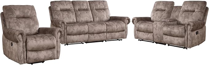 EBELLO Reclining Couch Sofa Furniture Set for Living Room,Vintage Rivet Mid-Century Design, Included 1 Seat Power Massage Recliner Chair, a Manual Loveseat, and a 3 Seater Manual Sofa, Brown