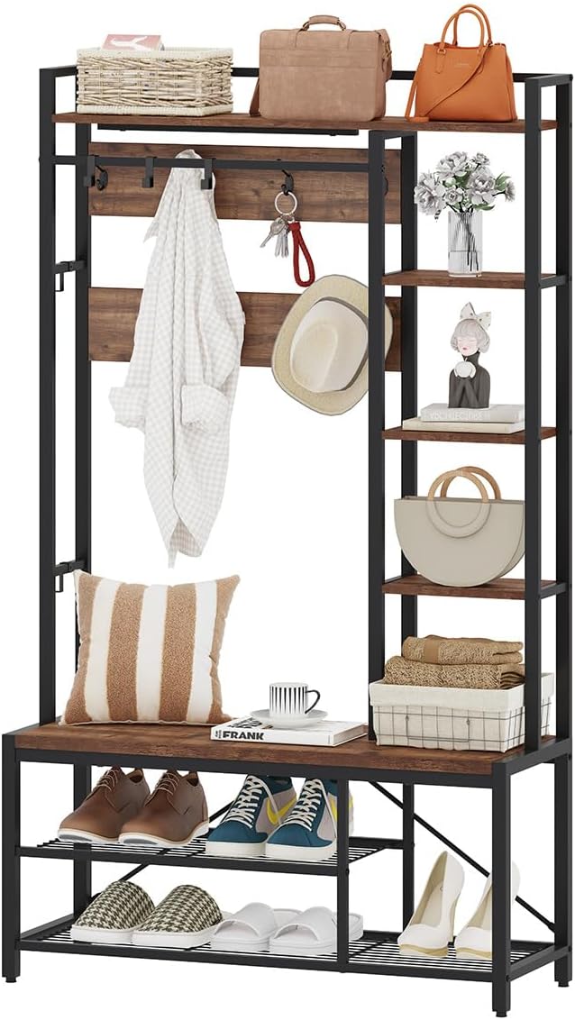 BON AUGURE Hall Tree with Shoe Storage, 5-in-1 Reversible Entryway Bench with Coat Hooks for Hallway, Rustic Wood and Metal Coat Rack with Shelves for Mudroom (Rustic Oak)