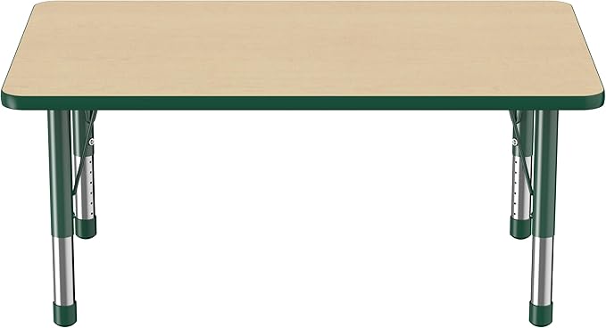 FDP Rectangle Activity School and Classroom Kids Table (30 x 48 inch), Chunky Toddler Legs, Adjustable Height 15-24 inches - Maple Top and Green Edge