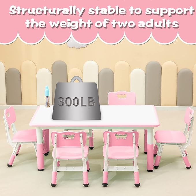 Children's Table and Chair Set Suitable for Boys and Girls Age 2-12 Height Adjustable Table top Can be Painted with 6 Seats Suitable for Family Learning Daily use (Pink)