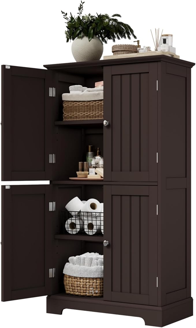 ChooChoo Bathroom Floor Cabinet, Modern Bathroom Storage Cabinet with 4 Doors and Adjustable Shelves, Freestanding Cupboard for Living Room, Espresso