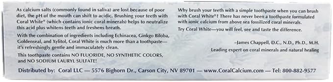 Coral White - Coral White Mint Toothpaste Natural Fluoride SLS Free Coral Calcium Remineralizing Toothpaste 4 Ounce
