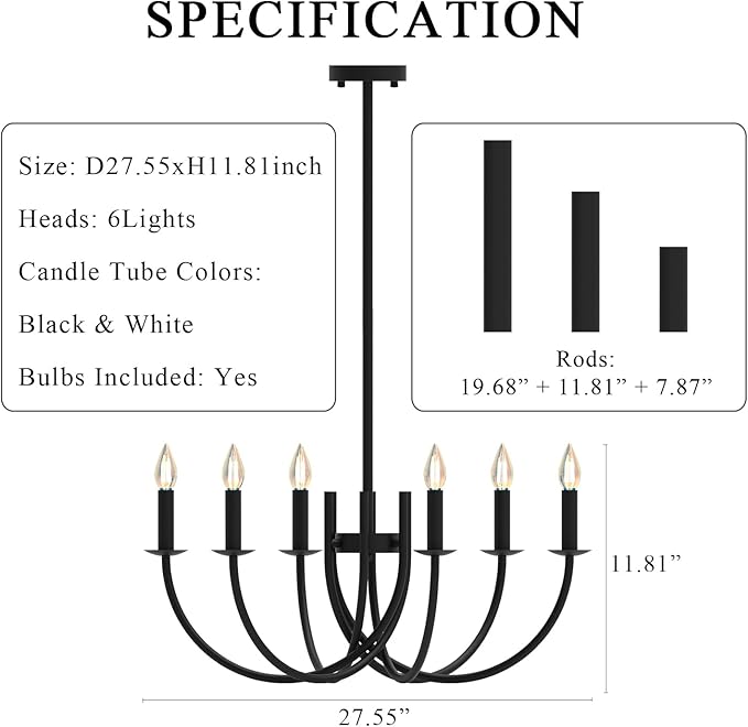 Black Dining Room Chandelier, LED Hanging Lamp Ceiling, Modern Round Candle Pendant Light Fixtures for Farmhouse Living Room Bedroom Kitchen Island (Black-C 6Lights)