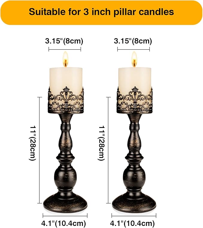 Candle Holders for Pillar Candles Gothic Matte Black Vintage Tall Candle Holders Set of 2 Decorative Large Table Centerpieces Candle Stand Decor (Distressed Black 2PCS A)