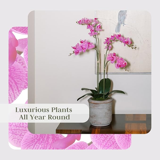Faux Pink Orchid Plant, Premium Artificial Indoor Flower Display Stands 24”, Beautiful Sculptural Blooms That Lasts Forever, Grey Planter Pot Included
