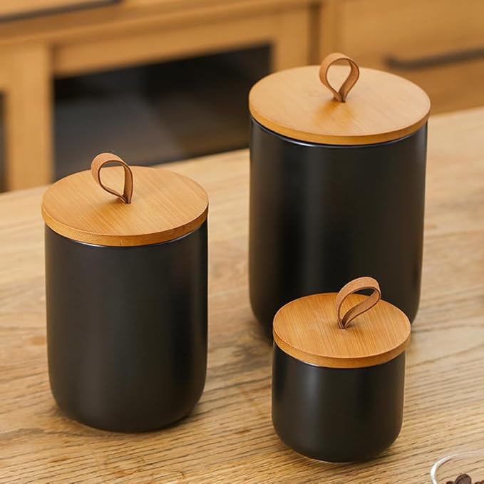 Ceramic Storage Jars, Modern Elegant Highly Polished Airtight Gorgeous Storage Canisters with Wooden Lid Small Food Stroage Jar for Kitchen Spice Tea Vanilla Sugar Coffee Beans (Black medium)