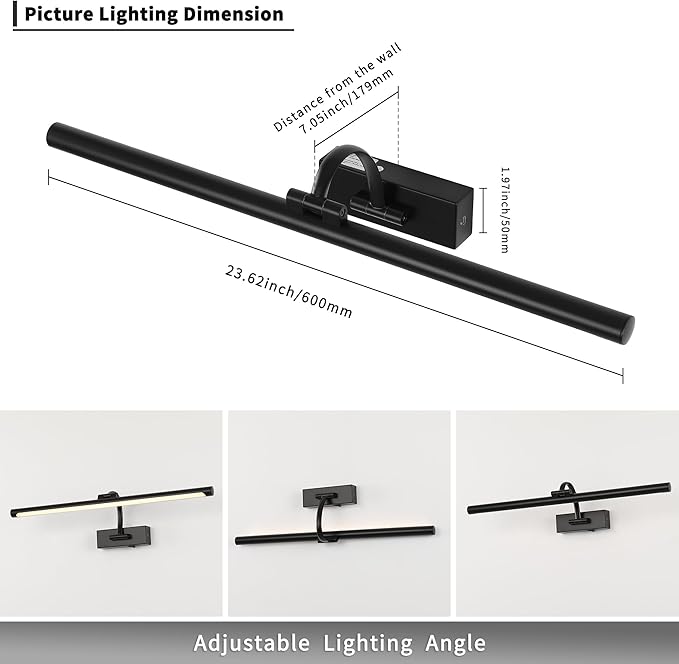 Dimmable Black Picture Lights with Remote and Timer Wireless Art Lights Rechargeable Gallery Lighting for Canvas Portrait 24'' Inch 5W Warm White