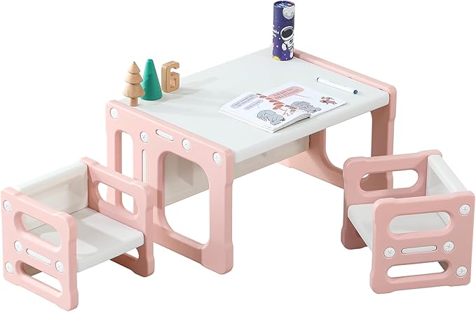 3 in 1 Montessori Weaning Table and 2 Chairs Set, Kids Desk and Chair Set, 2 Height Levels, Toddlers Activity Table for Drawing, Dining, Reading and Playing, Pink