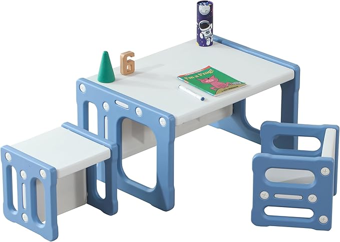 3 in 1 Montessori Weaning Table and 2 Chairs Set, Kids Activity Table Set, 2 Height Levels, Toddlers Activity Table for Drawing, Dining, Reading and Playing, Blue
