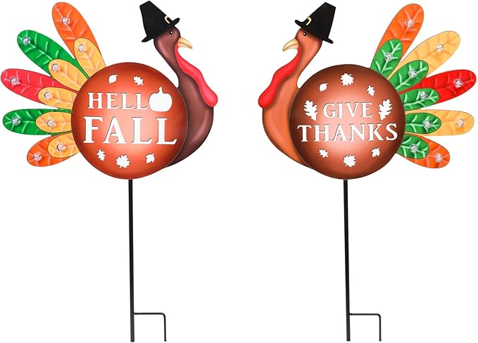 2 PCS Happy Fall Yard Signs Metal Thanksgiving Decorative Garden Stakes with Led Light Turkey Give Thanks Yard Stakes Fall Harvest Lawn Garden Lawn Pathway Decor