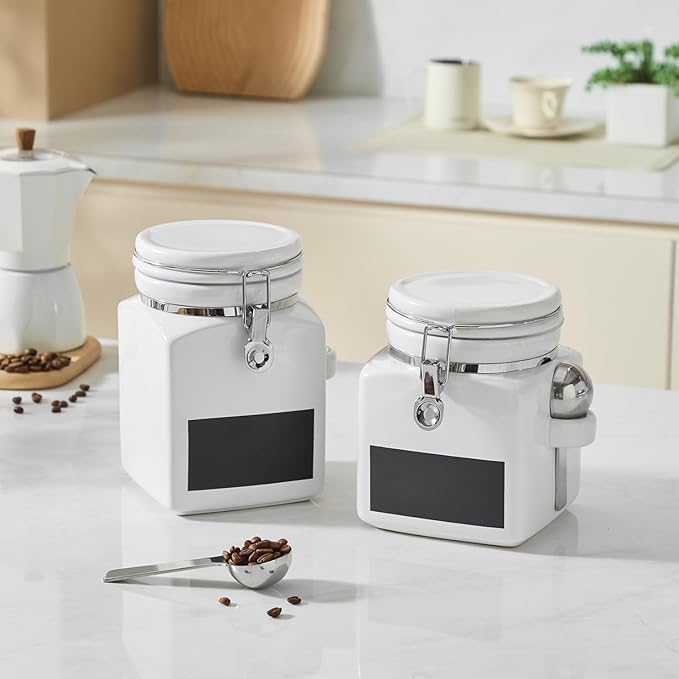 Ceramic Coffee Canister with Airtight Lid and Scoop, Large 78 Fl Oz / 2.3 L Kitchen Food Storage Container Jar for Grounds Coffee, Beans, Tea, Sugar, Flour, Cereal, Nuts, Cookie, White