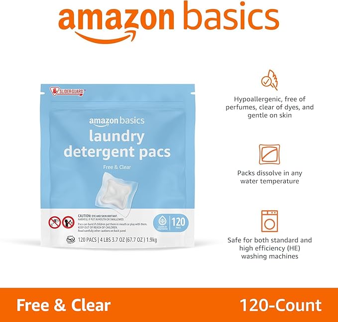 Amazon Basics Laundry Detergent Pacs, Hypoallergenic, Free & Clear, 120 Count (New Packaging)