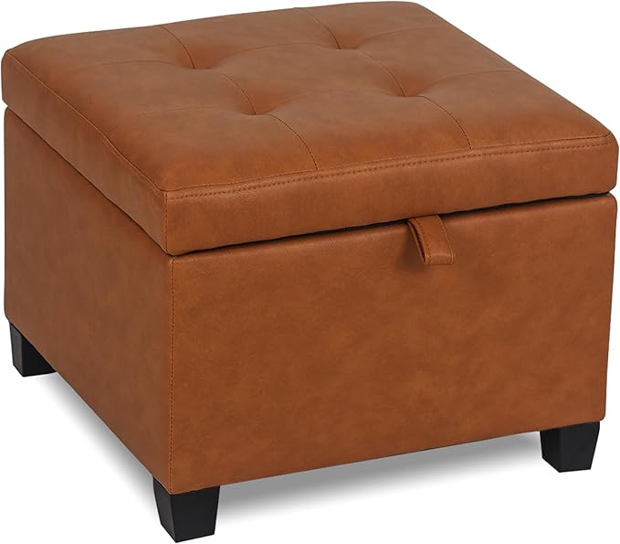 Adeco 17.5" Faux Leather Storage Ottoman with Hinged Lid, 14 Inch High Square Cube Foot Stool with Storage, Upholstered Vanity Stool with Solid Wood Legs for Living Room, Bedroom, Dorm (Warm Orange)