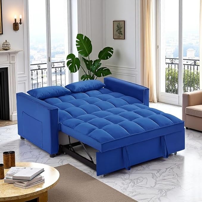 3 in 1 Sleeper Sofa Beds, Futon Sofa Bed for Living Room with Side Pocket, Sleepers Couch with Pullout Bed, Convertible Love Seat Sleepers Couch for Living Room, Bedroom, Small Space, Blue