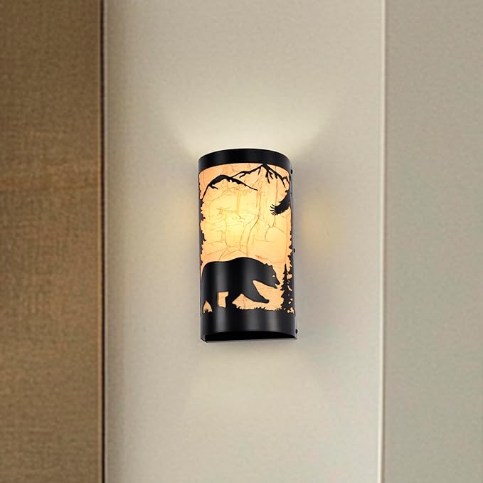 Black Wall Sconces,Bear Metal Yellow Parchment Rustic Wall Sconces,Farmhouse E26 Base Hallway Wall Light Fixtures,Industrial Wall Mount Lamp,Indoor Wall Lamps for Living Room,Bedroom,Bedside