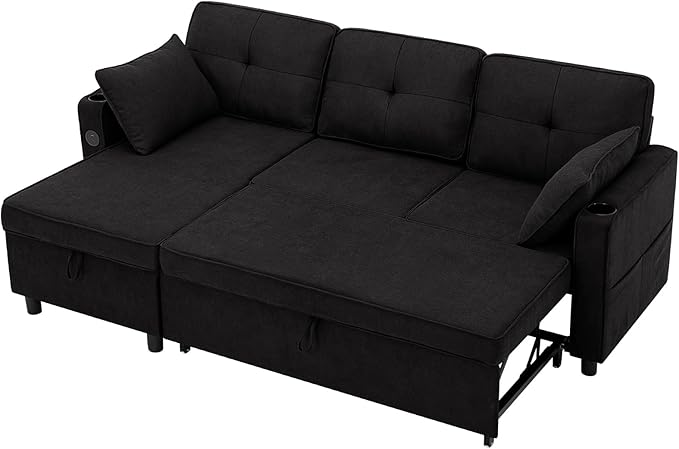 84 Inches Fabric Sectional Sofa w/Pull Out Sofa Bed & Adjustable Back, Tufted L Shaped Couch w/Storage Chaise, Sleeper Sectional Sofa w/USB Port & Cup Holders for Living Room, Black
