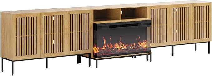 3-Sided Glass Farmhouse Fireplace TV Stand for TVs Up to 110 Inch, Oak Entertainment Center with 36" Electric Fireplace, TV Console with Storage Cabinets for Living Room