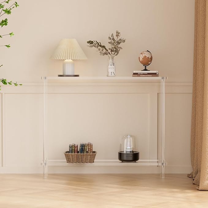 Acrylic Console Table, 2 Tier Acrylic Narrow Console Tables for Entryway,CHICUN, Square Legs, Skinny Console Table for Foyer, Sofa, Living Room,Clear