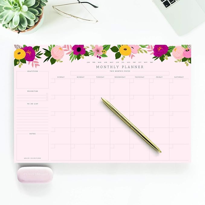 Bliss Collections Monthly Planning Pad, To Do List Notebook - Undated Tear-Off Sheets Notepad - Work Calendar, Organizer, Scheduler for Goals, Tasks - Floral (Pink), 12" x 18", 18 Sheets